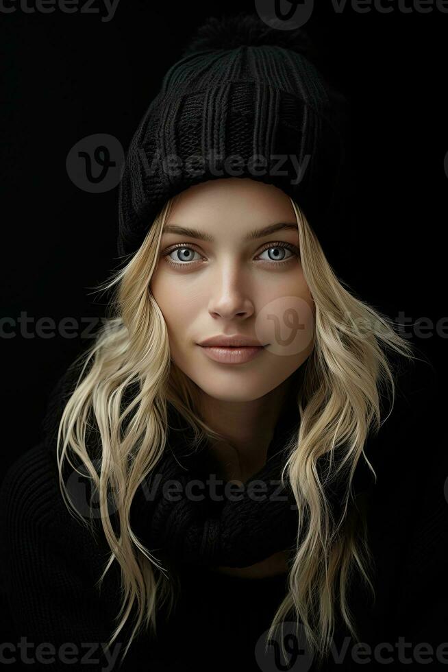 a beautiful blonde woman in a black hat and scarf generative ai photo