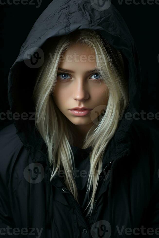 a beautiful blonde woman in a black hooded jacket generative ai photo