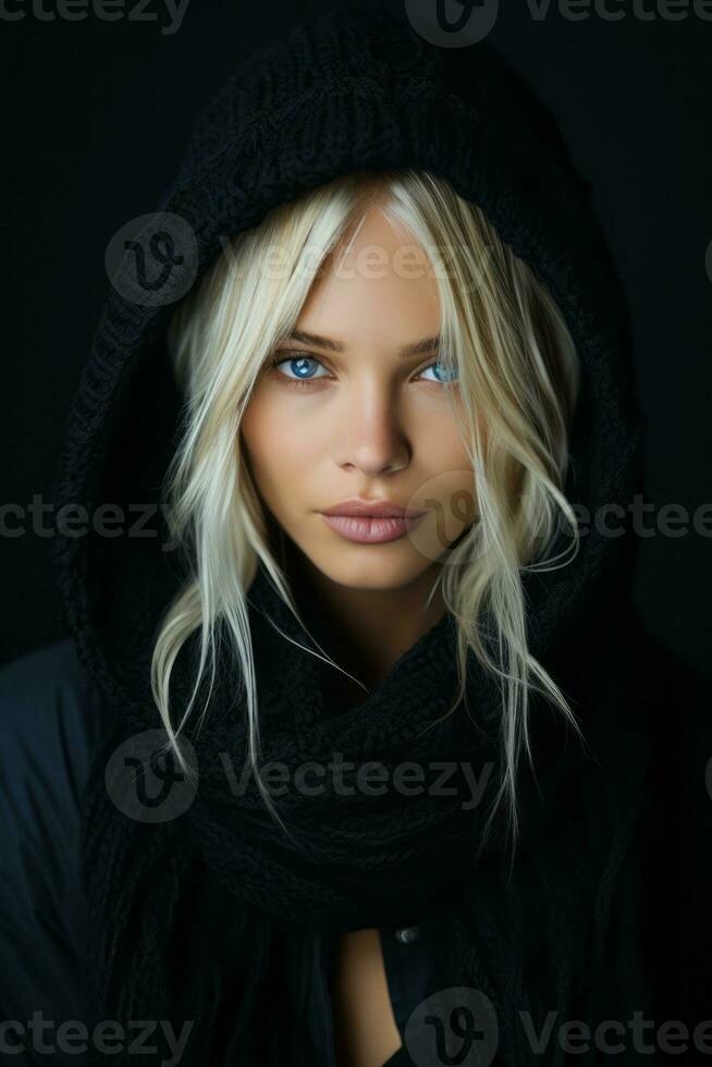 a beautiful blonde woman in a black hoodie generative ai photo