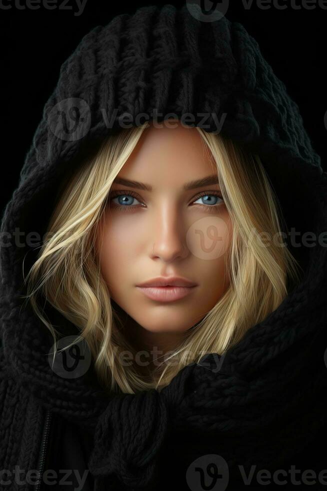 a beautiful blonde woman in a black hoodie generative ai photo