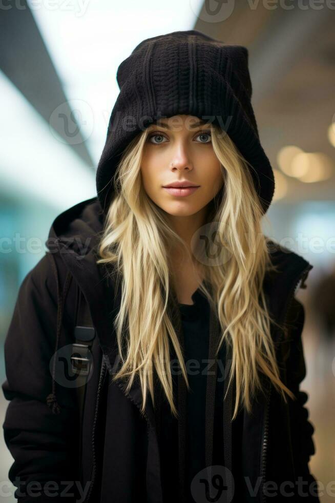 a beautiful blonde woman in a black jacket and hoodie generative ai photo