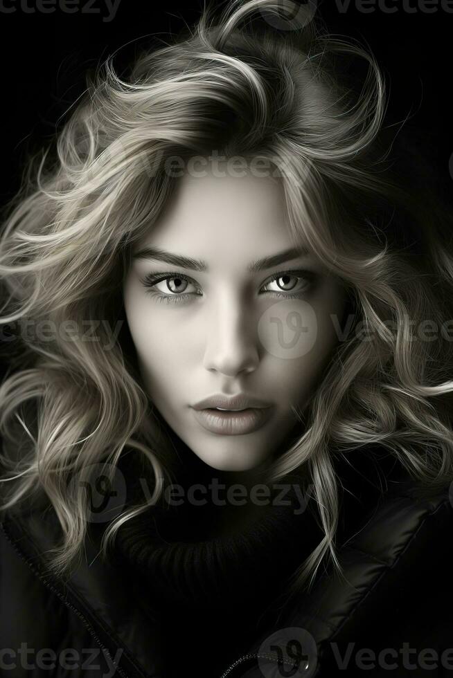a beautiful blonde woman in a black jacket generative ai photo