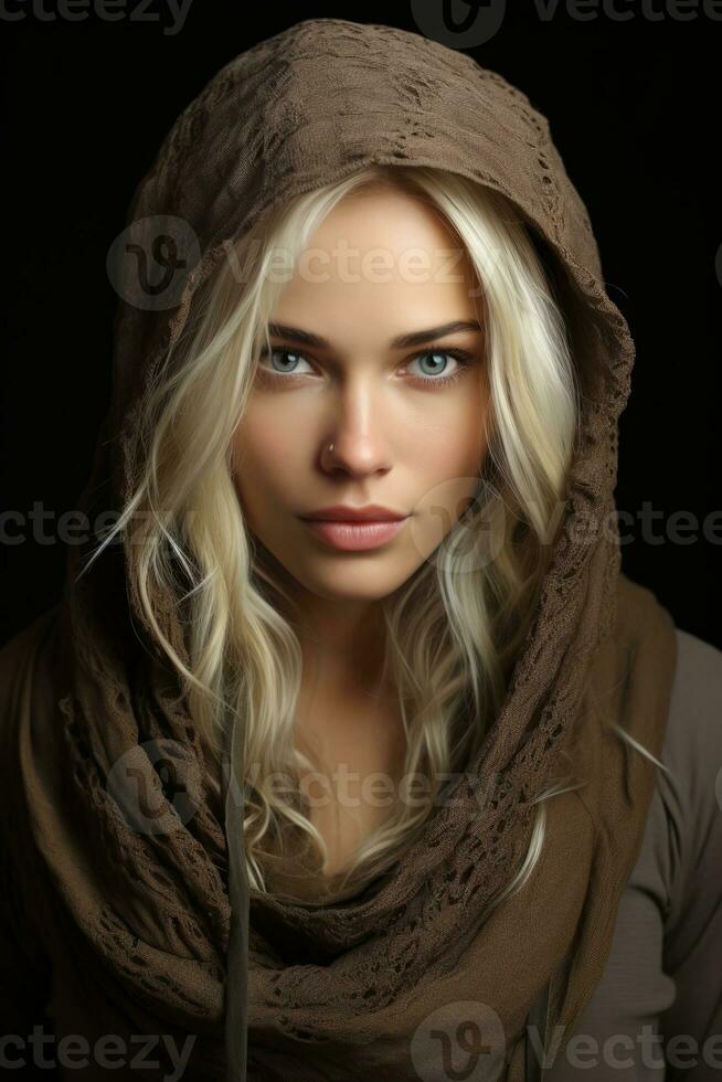 a beautiful blonde woman in a brown hoodie generative ai photo