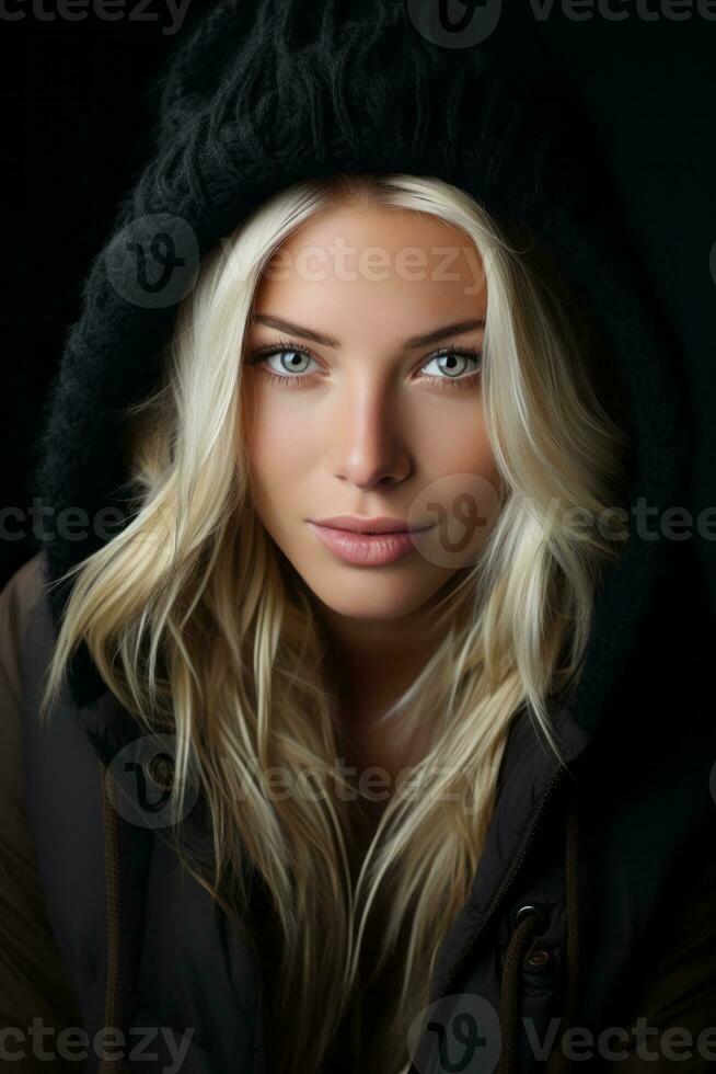 a beautiful blonde woman in a hoodie generative ai photo