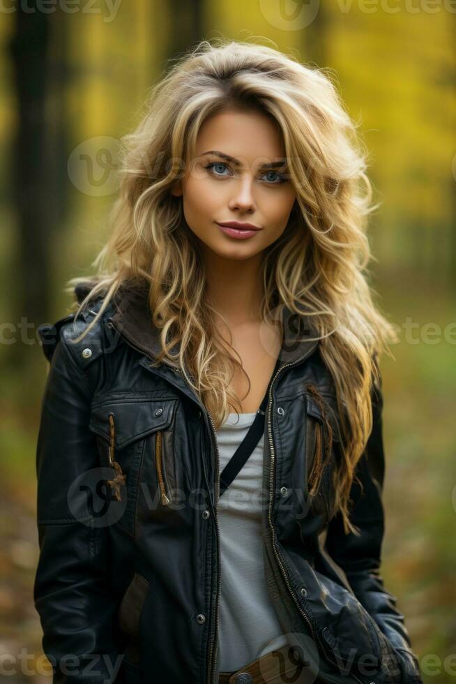 a beautiful blonde woman in a leather jacket standing in the woods generative ai photo