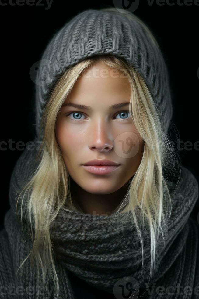 a beautiful blonde woman in a winter hat and scarf generative ai photo