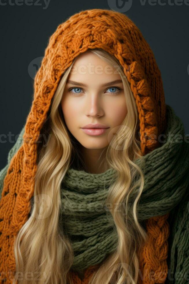a beautiful blonde woman wearing an orange and green knitted scarf generative ai photo