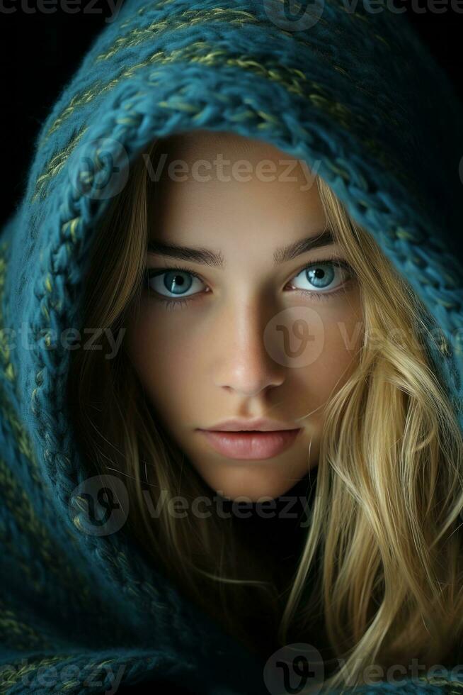 a beautiful blonde woman with blue eyes under a blanket generative ai photo