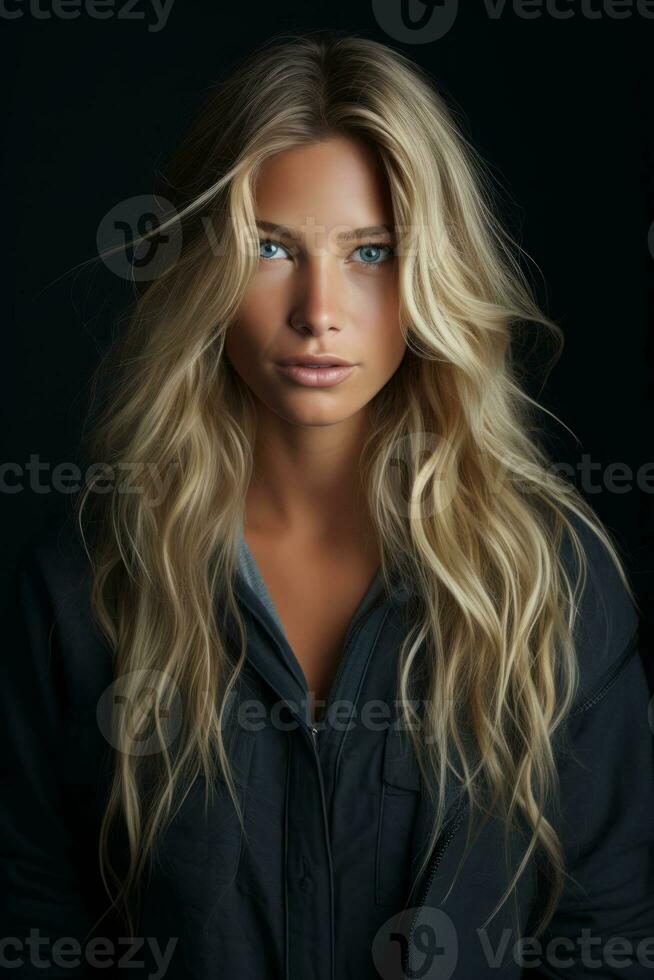 a beautiful blonde woman with long hair and blue eyes generative ai photo