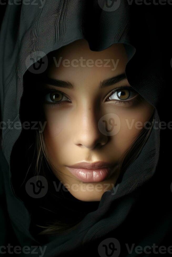 a beautiful woman in a black veil generative ai photo