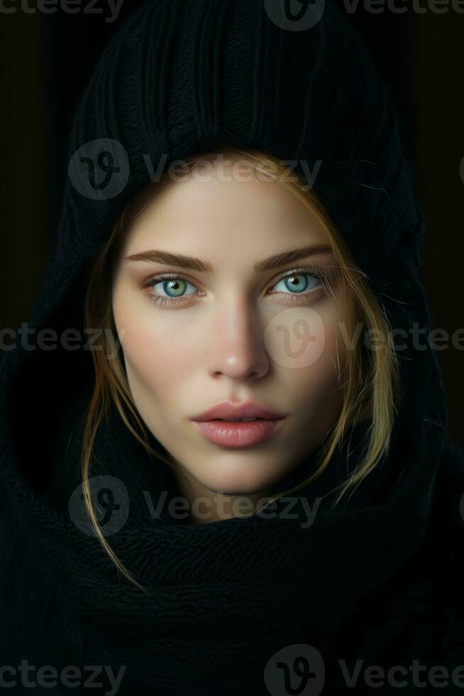 a beautiful woman in a black sweater and scarf generative ai photo