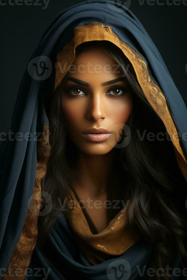 a beautiful woman in a blue shawl generative ai photo