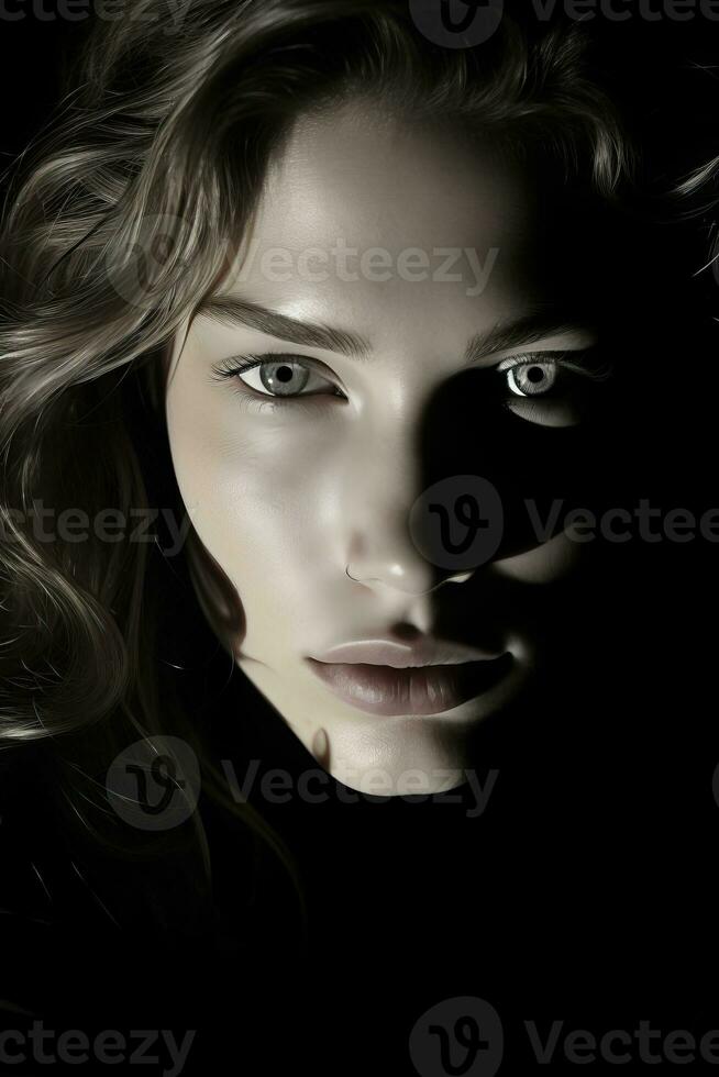 a beautiful woman with blue eyes in the dark generative ai photo