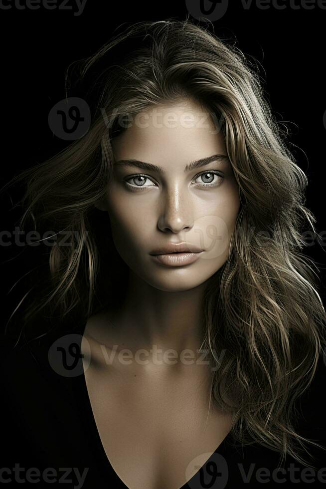 a beautiful woman with long hair and blue eyes generative ai photo