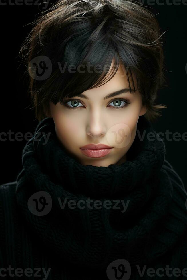 a beautiful young woman in a black sweater and scarf generative ai photo