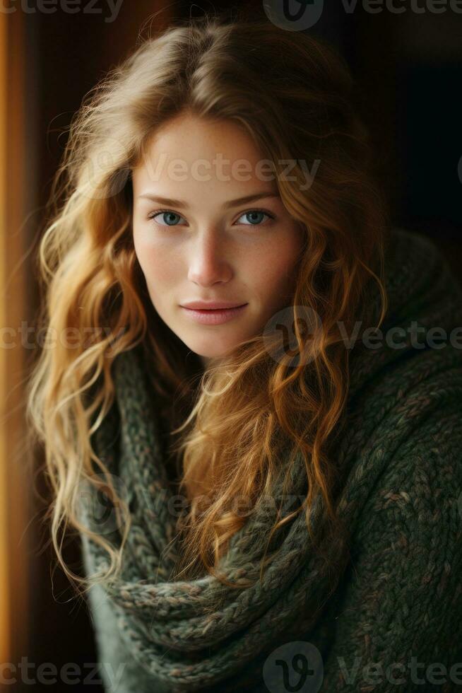 a beautiful young woman in a green sweater generative ai photo