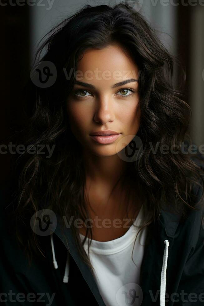 a beautiful young woman with dark hair and a white t - shirt generative ai photo