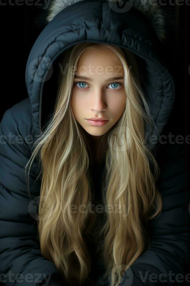 a beautiful young woman with long hair in a winter jacket generative ai photo