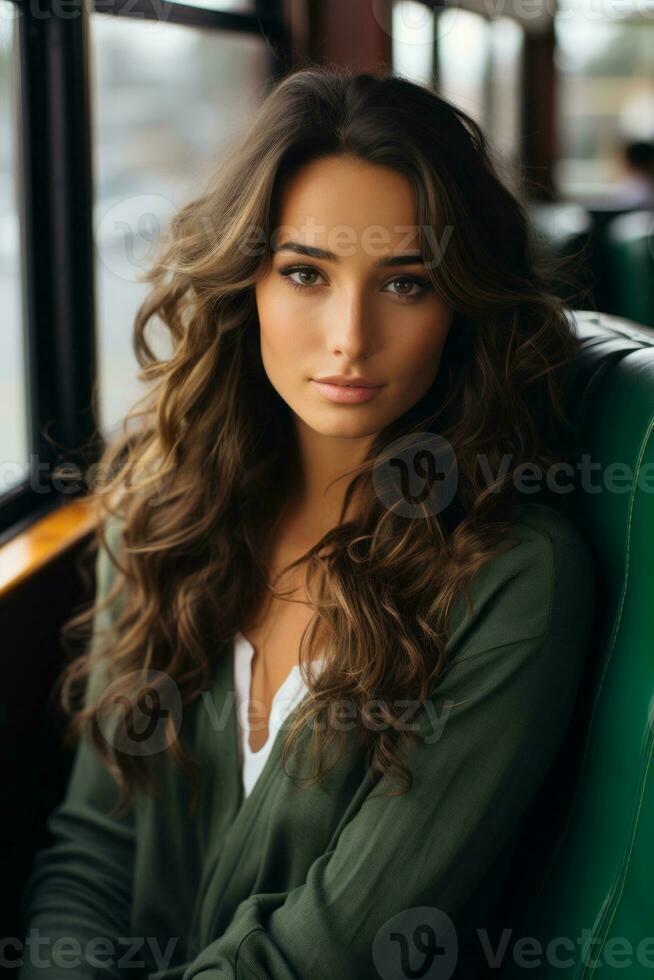 a beautiful young woman with long hair sitting on a bus photo