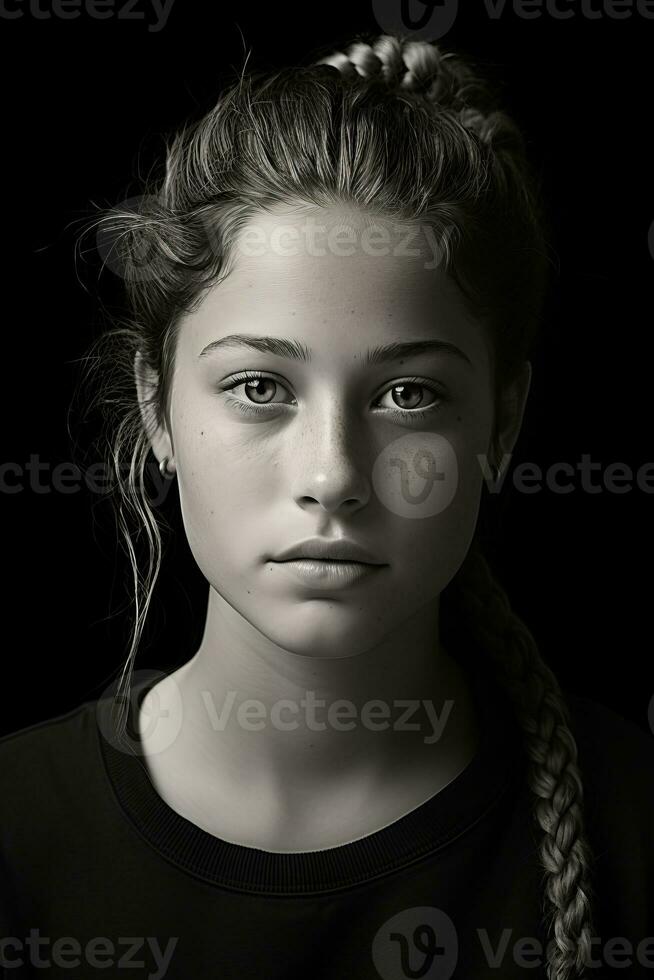 un negro y blanco foto de un niña con trenzas generativo ai