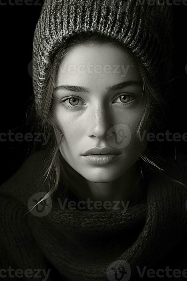 a black and white photo of a woman wearing a beanie generative ai