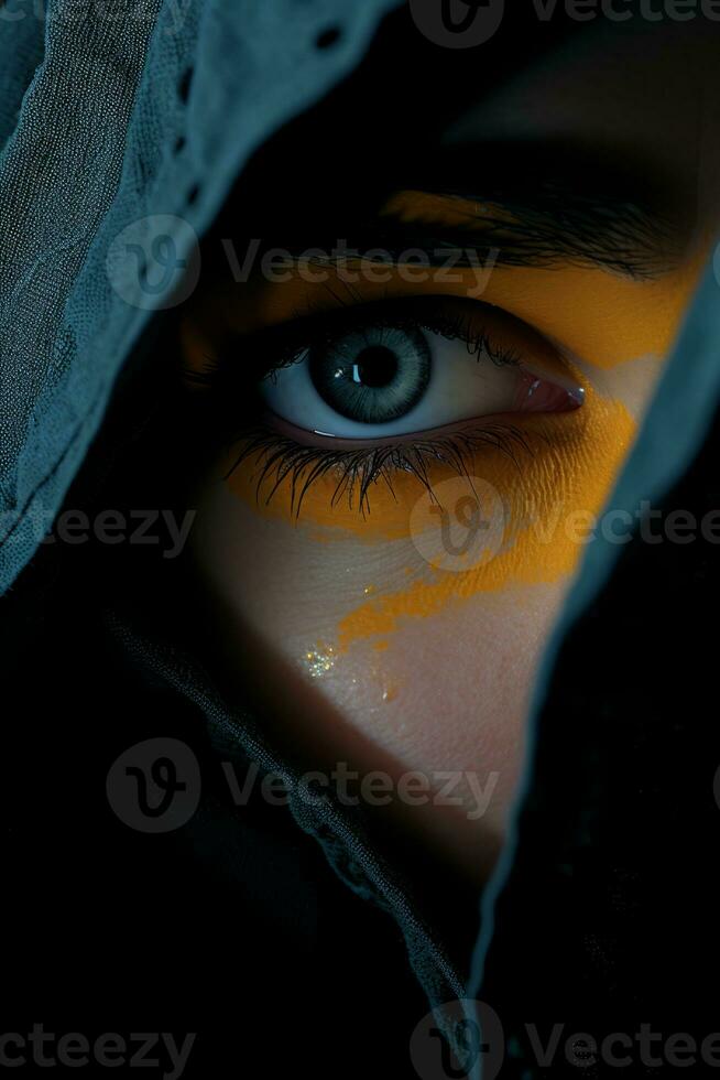 a close up of a womans face with a yellow eye generative ai photo