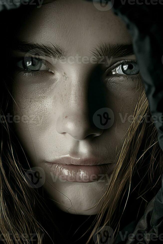 a close up of a womans face with a hood on generative ai photo