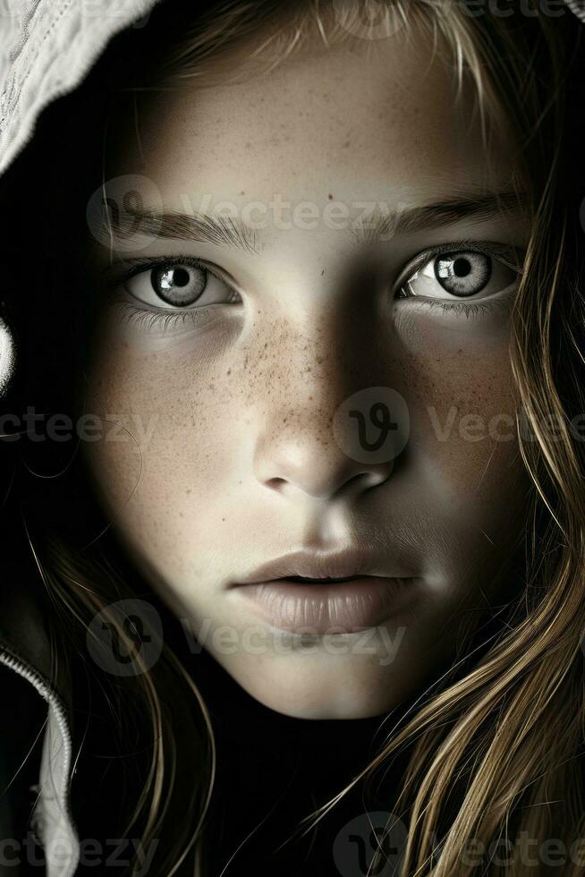 a close up of a young girl in a hoodie generative ai photo