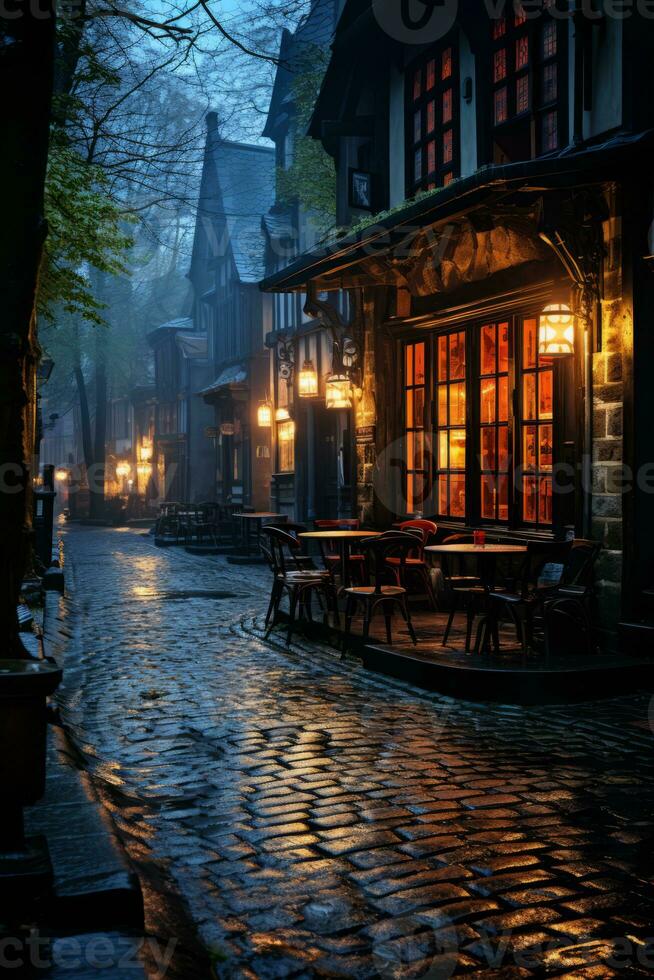 a cobblestone street at night generative ai photo