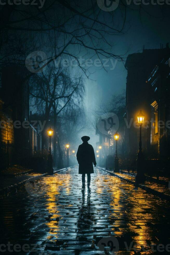 a man is walking down a dark street at night generative ai photo