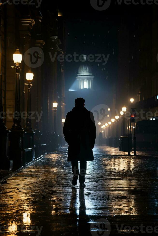 a man walking down a street at night generative ai photo