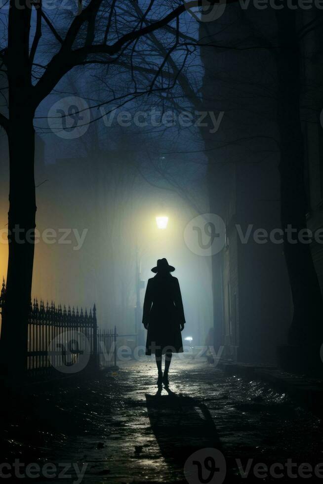 a man is walking down a dark street at night photo