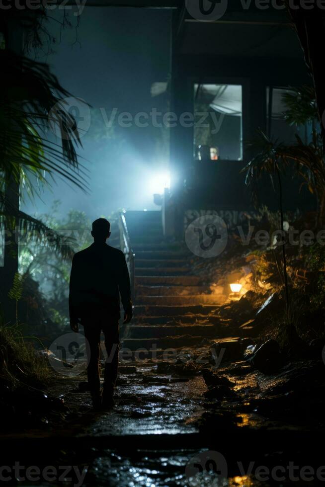 a man walking down a dark path with a flashlight in his hand generative ai photo