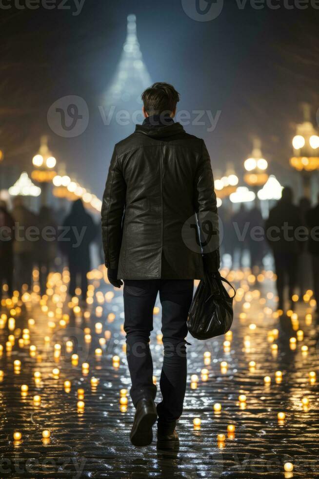 a man walking down a street at night generative ai photo