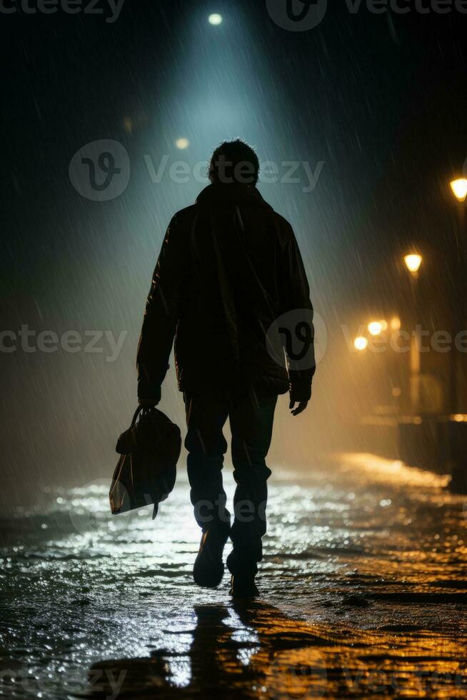a man walking in the rain at night with a bag generative ai photo