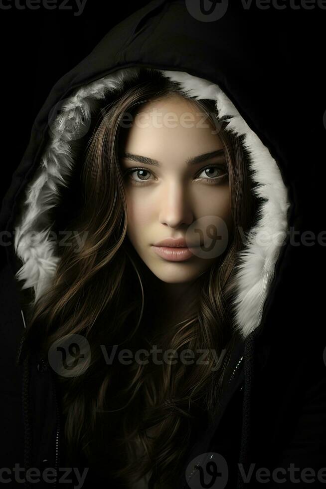a woman in a black hooded jacket generative ai photo