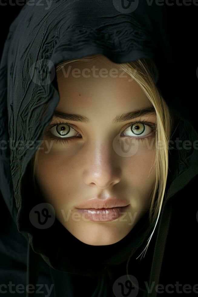 a woman in a black hood with green eyes generative ai photo