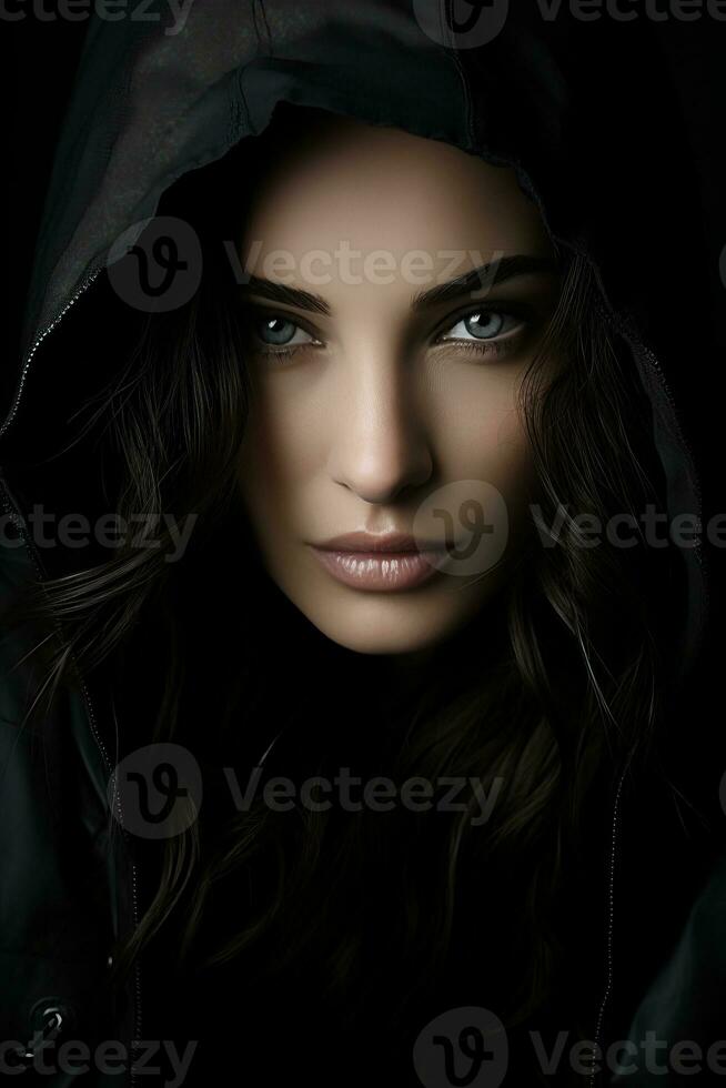 a woman in a black hooded jacket generative ai photo