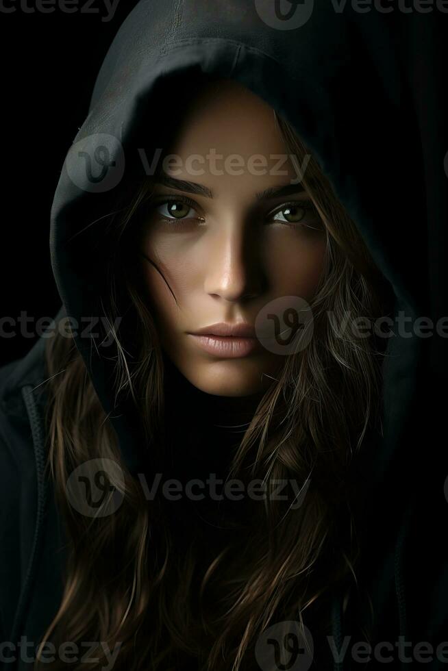 a woman in a black hoodie looking into the camera generative ai photo