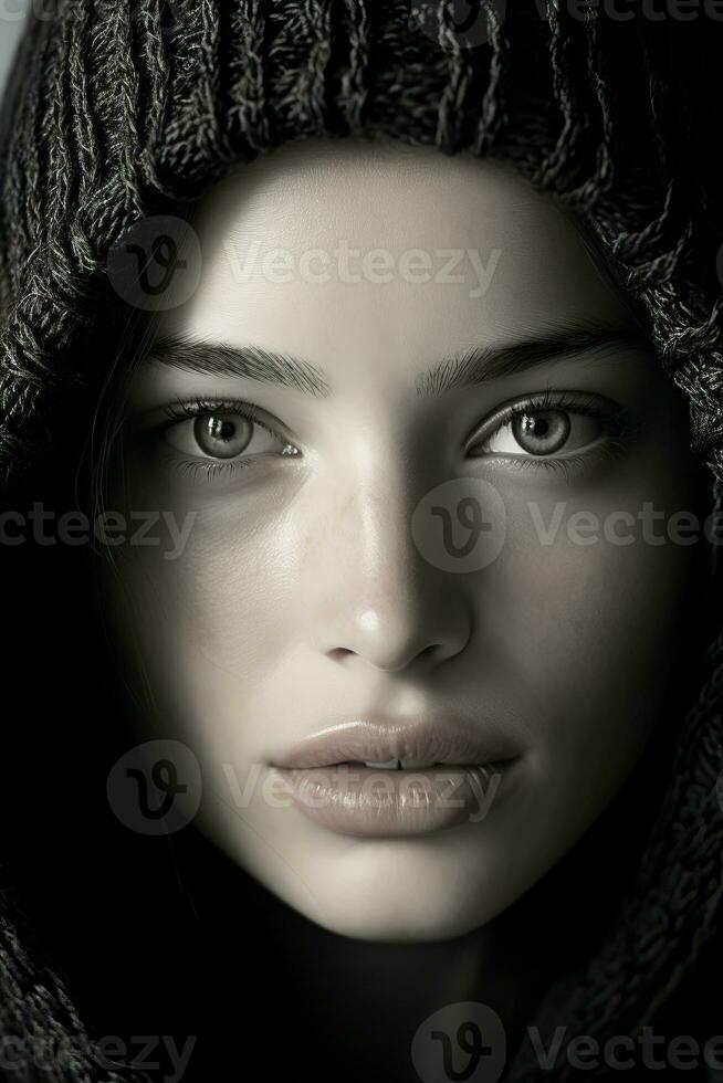 a woman in a black hoodie looking into the camera generative ai photo