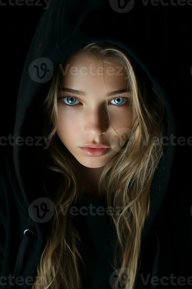 a woman in a black hoodie with blue eyes generative ai photo