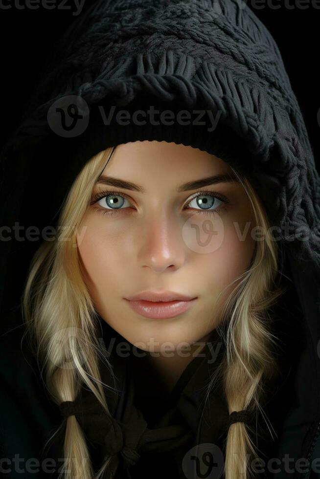 a woman in a black hoodie with blue eyes photo