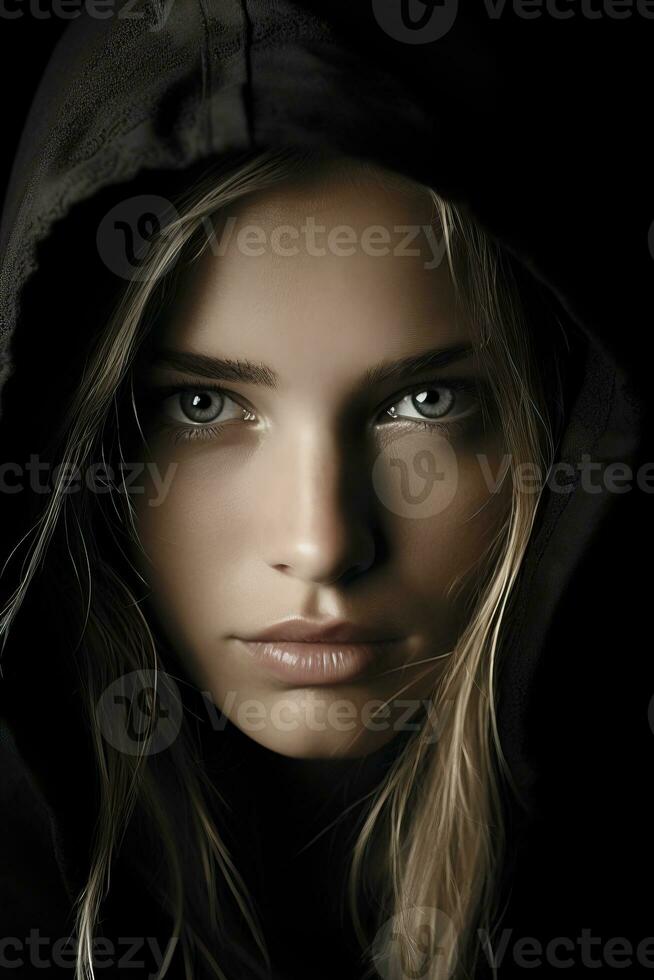 a woman in a black hoodie with blue eyes generative ai photo