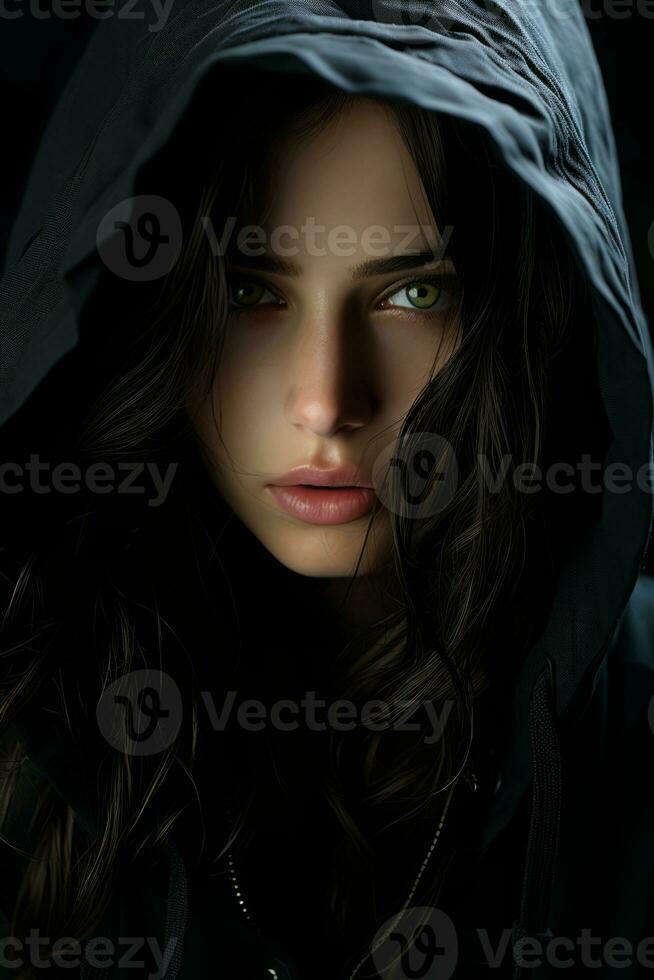 a woman in a black hoodie with green eyes generative ai photo
