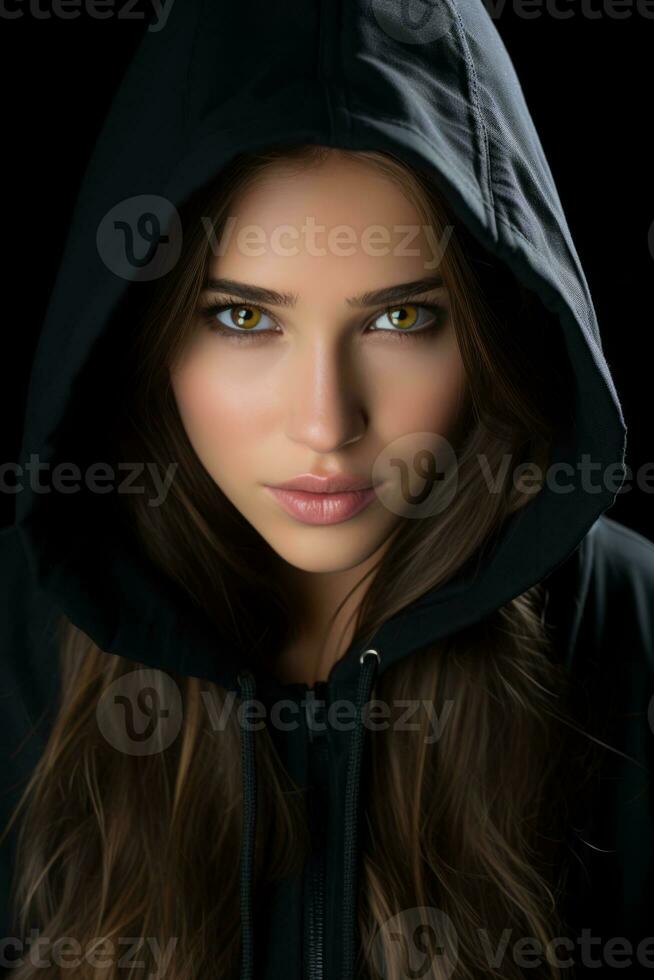 a woman in a black hoodie with green eyes generative ai photo