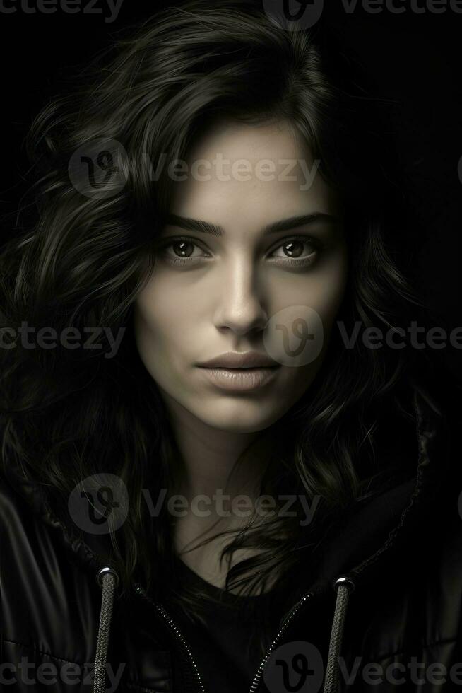 a woman in a black jacket and hoodie looking at the camera generative ai photo