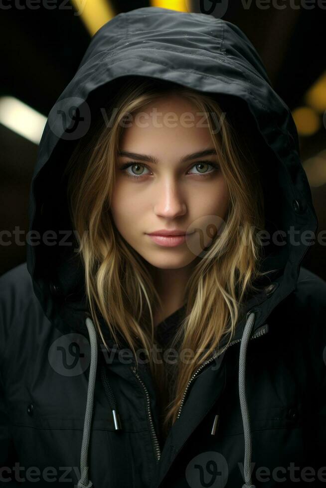 a woman in a black hoodie generative ai photo