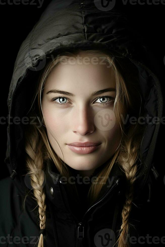 a woman in a black jacket with braids generative ai photo