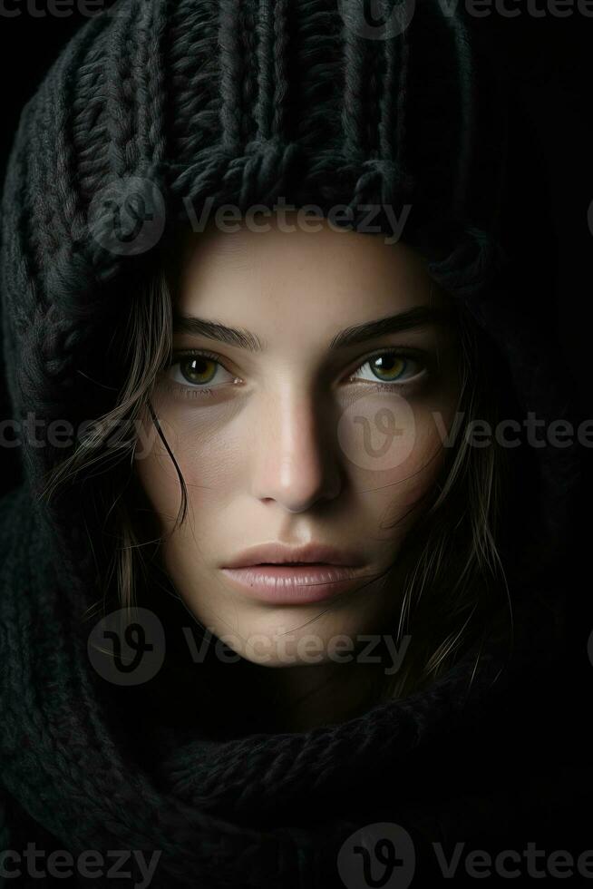 a woman in a black sweater and scarf generative ai photo