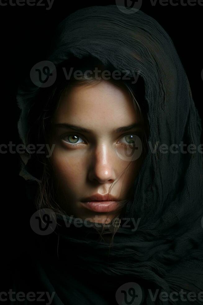 a woman in a black shawl with green eyes generative ai photo